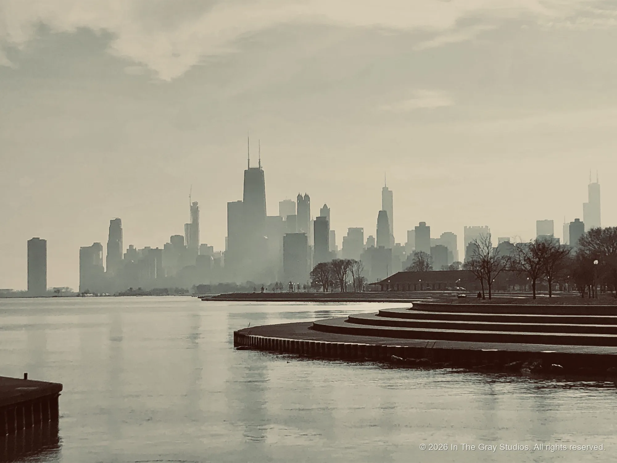 The Chicago skyline flattened into haze across the lakefront