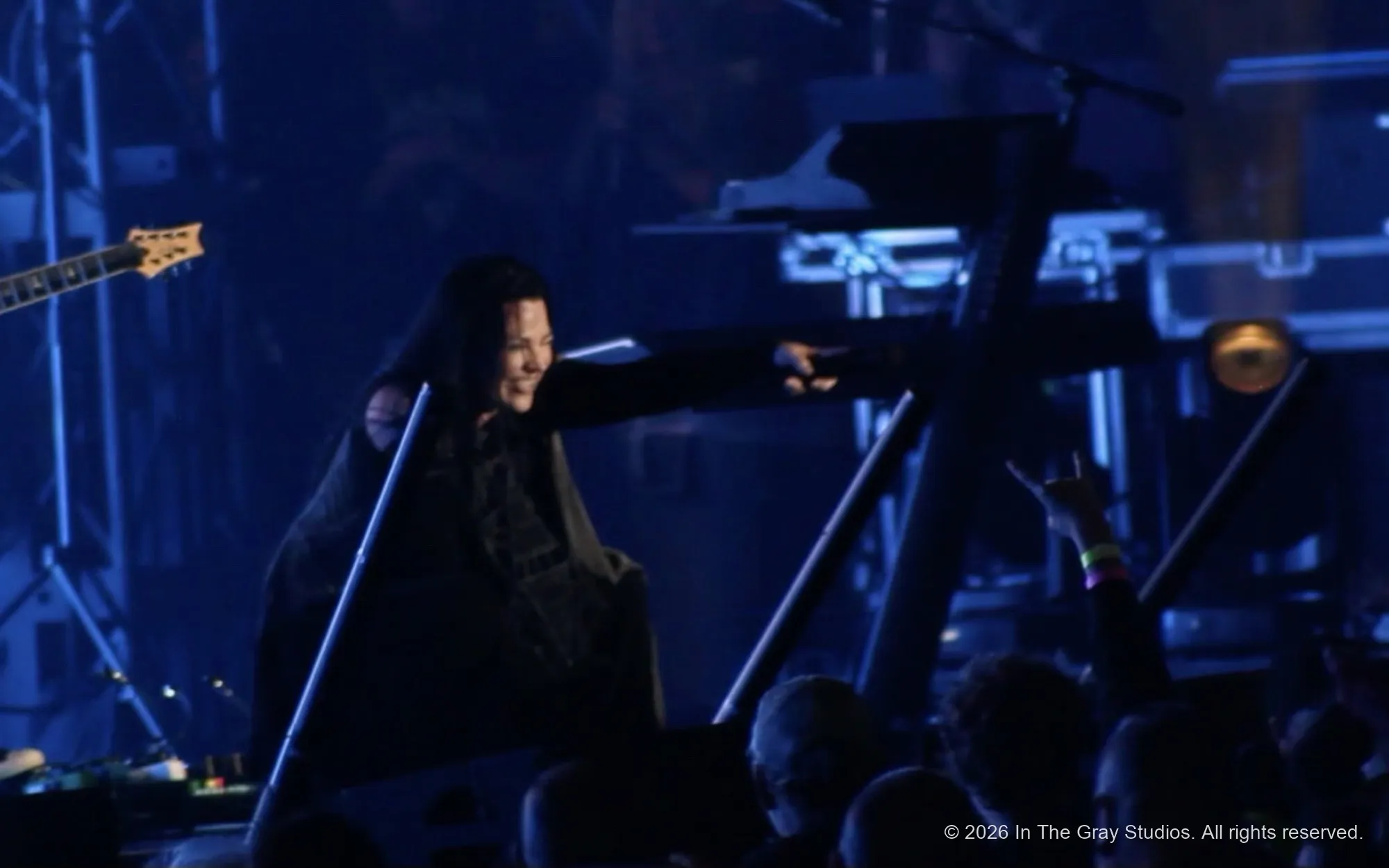 A singer on a blue-lit stage reaching an arm out over the crowd