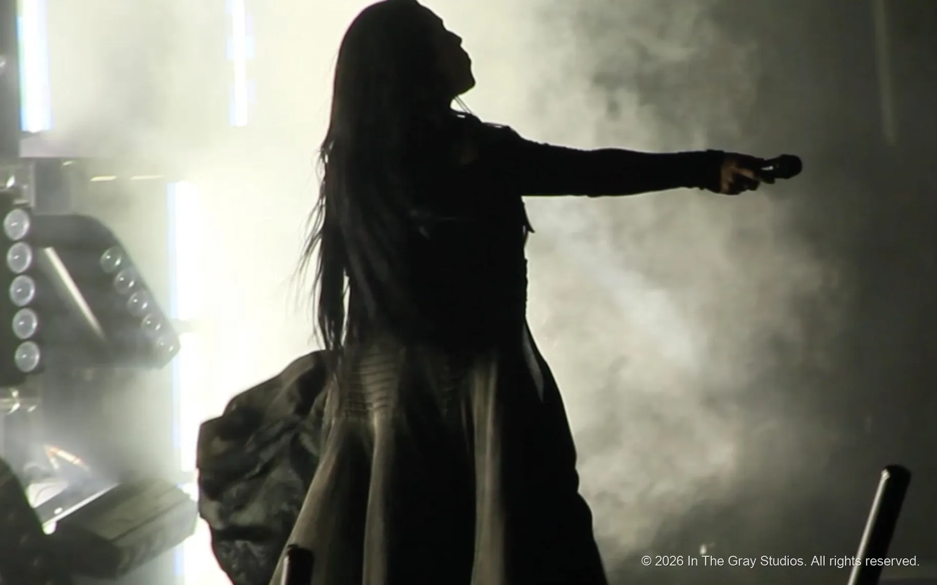 A singer backlit in stage haze, arms open, reduced to silhouette
