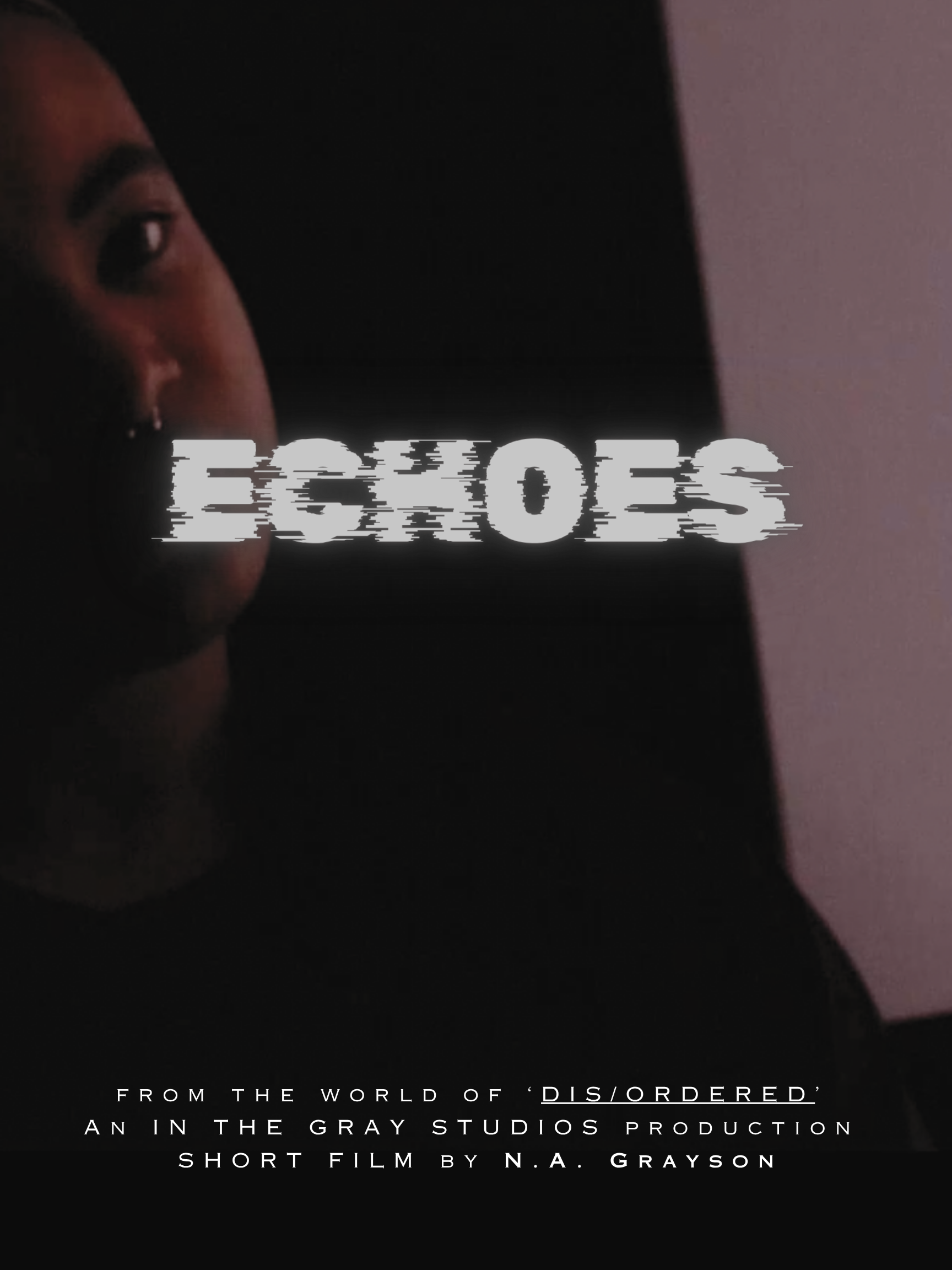 ECHOES poster: a close portrait in shadow, from the world of DIS/ORDERED, an In The Gray Studios production